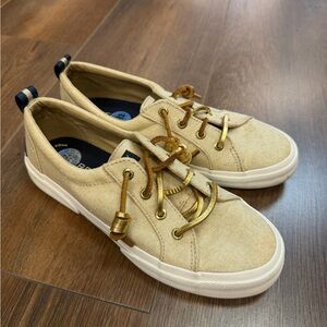 Sperry Tan Canvas Sneakers with Gold Details